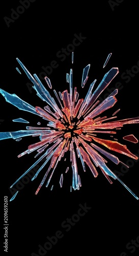 Shards of shattered glass fly through dark space against a solid black background, capturing a moment of intense explosion and impact, chaos, dynamic, entropy