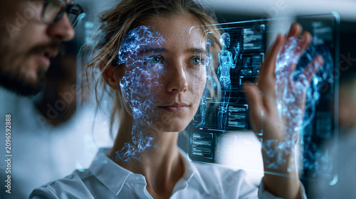 Woman working with holographic interface displaying digital brain and human body scan, integrating advanced AI technology