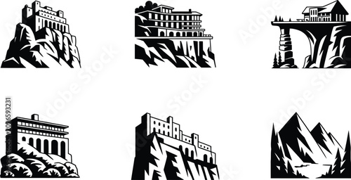 cliffside houses, castles, and mountain landscape vector illustration