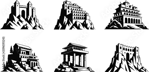 cliffside houses, castles, and mountain landscape vector illustration