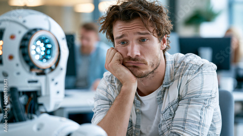 Employee feeling uncertain watching advanced AI robot in office, contemplating job security and automation future