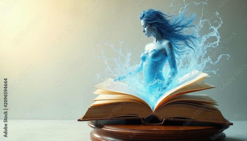 Obraz premium Translucent blue female figure emerges from open vintage book placed on wooden pedestal. Swirling light patterns surround mystical spirit manifestation. Creative surreal art shows imagination, wisdom