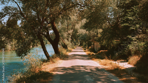 Quiet riverside road with sun-bleached colors, nostalgic summer atmosphere, analog film look,subtle grain, cinematic lighting, soft shadows, muted pastel greens and blues, timeless memory