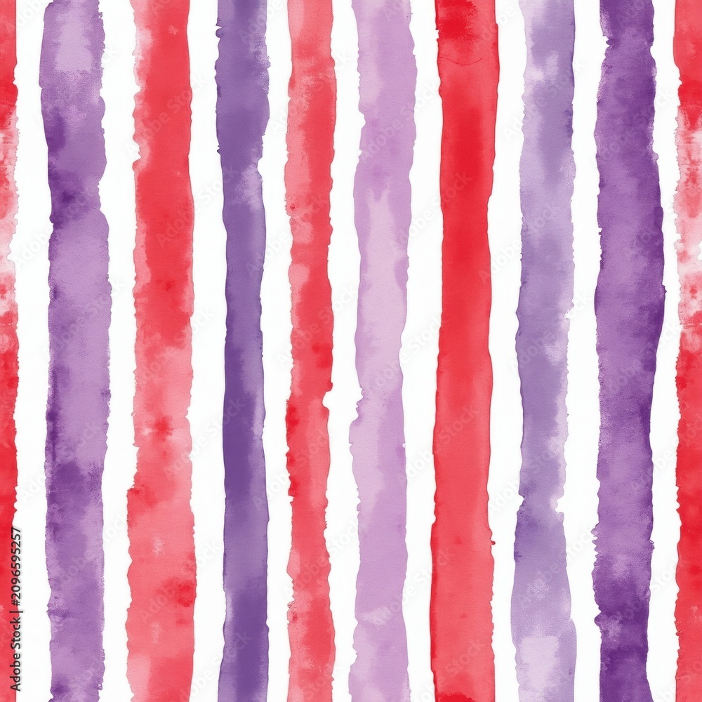Fototapeta premium Seamless pattern with hand painted vertical stripes. Red, violet watercolor lines on white background create repeat texture design. Artistic brush strokes look ideal for textile print fabric