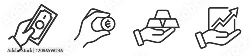 financial line icons set with hand holding banknote, coin, gold bars, and growth chart for investment and money concepts on transparent background