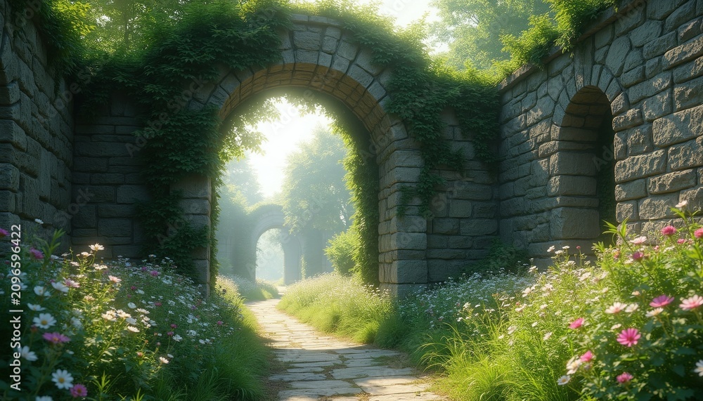 Obraz premium Stone archway ruins covered in ivy with flowers blooming along a winding path. Sunlight streams through ancient stone structures overgrown with green foliage, creating a serene, hidden garden.