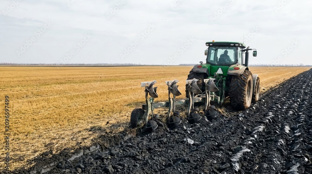 Obraz premium Green tractor plowing a vast field, turning rich dark soil for agricultural preparation in a realistic rural landscape