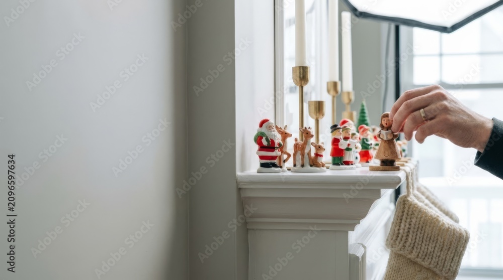 Obraz premium Christmas figurines arranged on a fireplace mantel for winter holiday decor, with a hand placing an angel ornament.