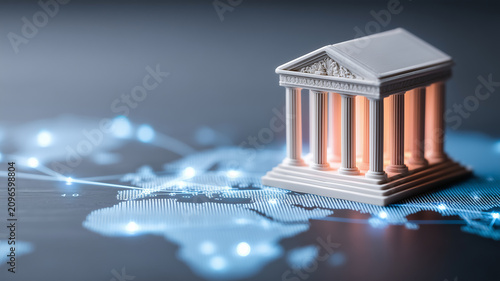Classical bank building on a digital world map, representing global finance, institutional trust, and connected banking transformation.
