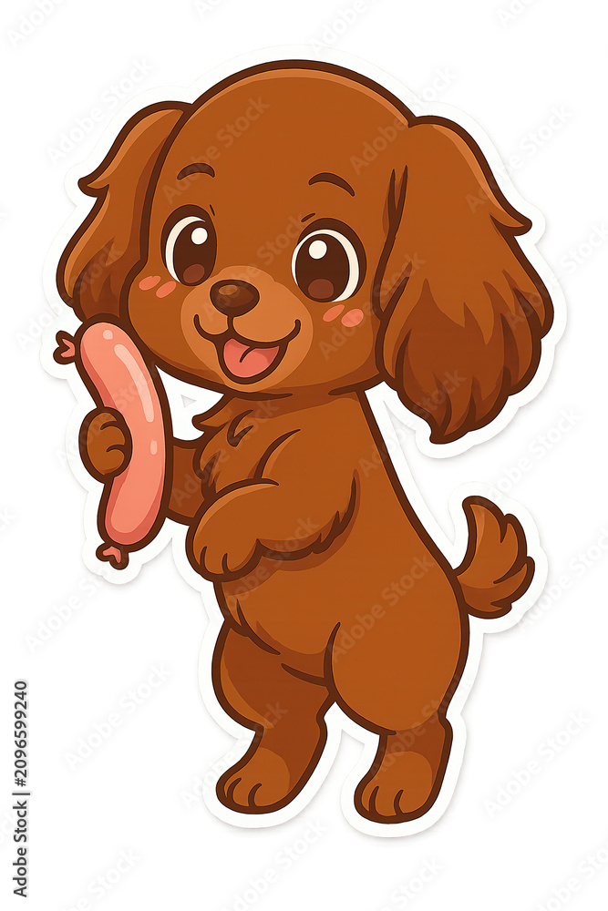 Obraz premium Hungry kawaii brown spaniel holding a sausage while licking mouth vector decal illustration