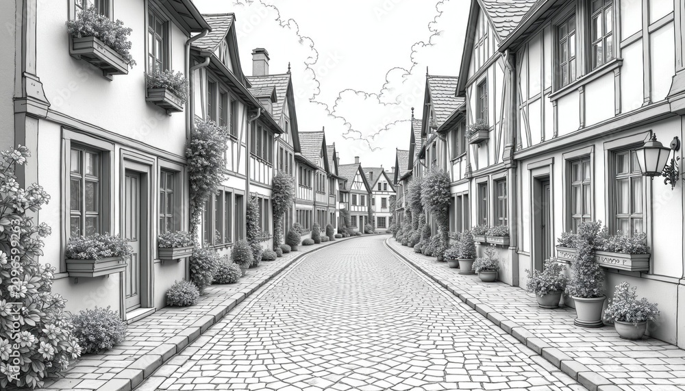 Obraz premium Charming street with cobblestone path lined by idyllic timber-framed houses. Plants and flowers adorn window boxes and walls. Classic European town scene, ideal for coloring.