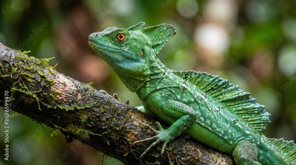 Fototapeta premium Green Basilisk Lizard Perched on Mossy Branch in Lush Rainforest.