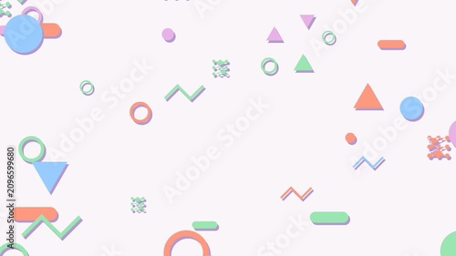 Retro 80s style abstract geometric shapes motion background colorful elements floating animation.