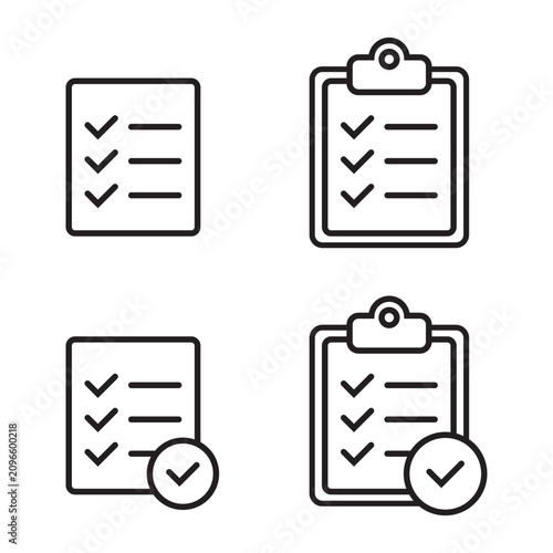 Clipboard and checklist outline icon set. Black line plan list on paper sheet and board with clip, completed survey form with check mark check box, successfully finished task symbols.