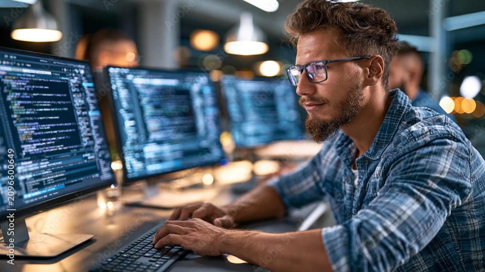 Fototapeta premium Software developer coding on multiple screens, transforming digital ideas into functional applications in a modern office