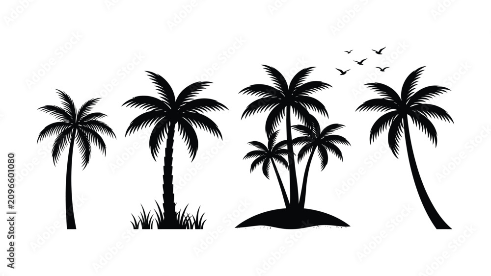 Fototapeta premium Black silhouette of palm trees with birds flying