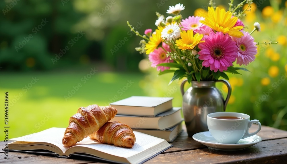 Fototapeta premium Fresh bouquet of colorful flowers in vase stands on wooden table with open book. Golden croissants, cup of hot tea sit nearby. Sunny garden provides bright background for quiet morning leisure