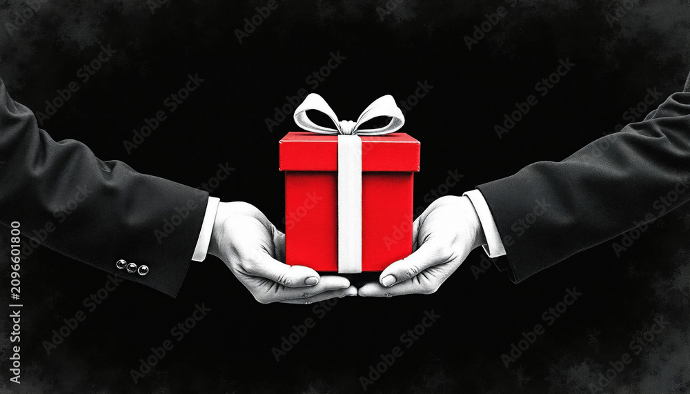 Fototapeta premium Two hands in suits exchange red gift box with white ribbon on black textured background. Illustration shows giving, receiving, or sharing present. Concepts include surprise, generosity, and holiday.