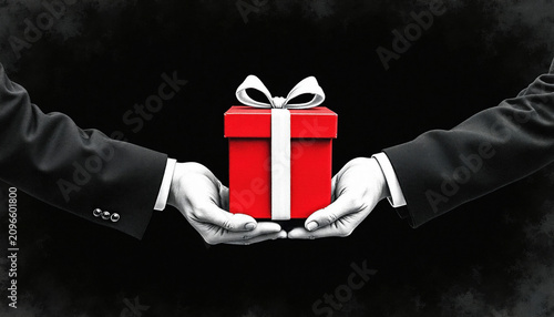 Two hands in suits exchange red gift box with white ribbon on black textured background. Illustration shows giving, receiving, or sharing present. Concepts include surprise, generosity, and holiday.