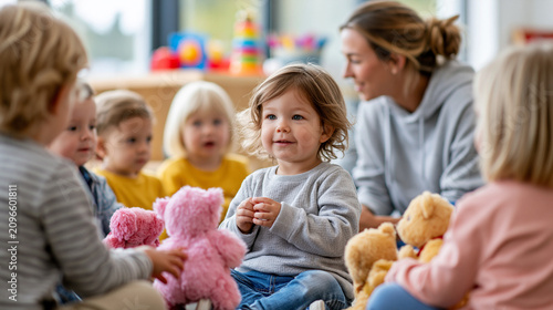 Children's Playtime: A group of young children are engaged in a lively playtime session with their teacher, surrounded by colorful toys and teddy bears.