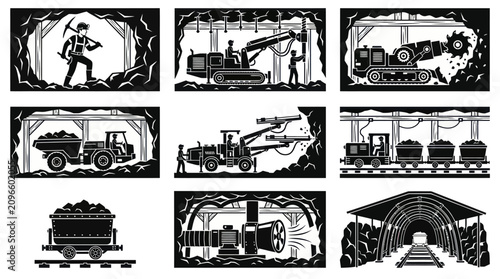 including underground miner, roof bolting machine, continuous miner, shuttle car, drilling jumbo, mine locomotive, ore cart, ventilation system, and underground tunnel entrance. 