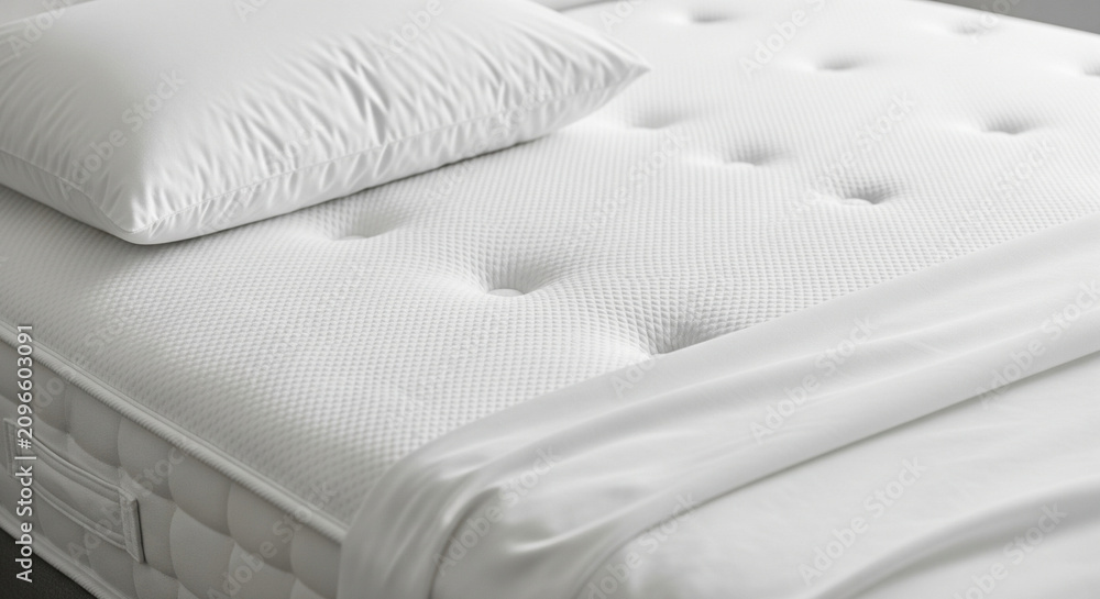 Fototapeta premium White mattress and pillow with button tufting close up studio photography bedding