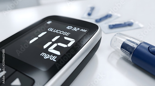 Glucose meter displaying a reading of 112 mg dl close up photo with medical supplies