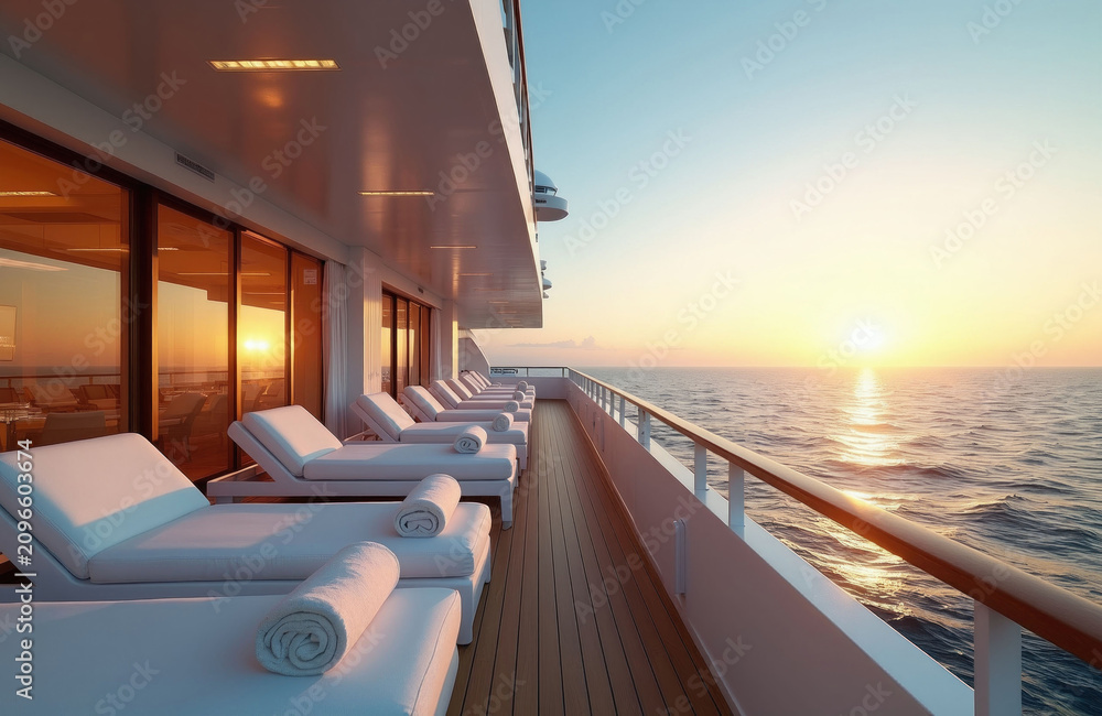 Obraz premium Luxury cruise ship deck features comfortable sun loungers with white towels overlooking calm ocean water during sunset. Modern terrace provides exclusive relaxation area for guests on premium holiday