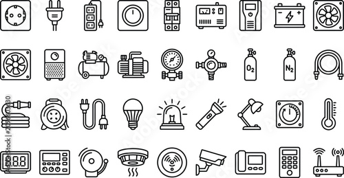 Industrial equipment and utility icons set for construction engineering