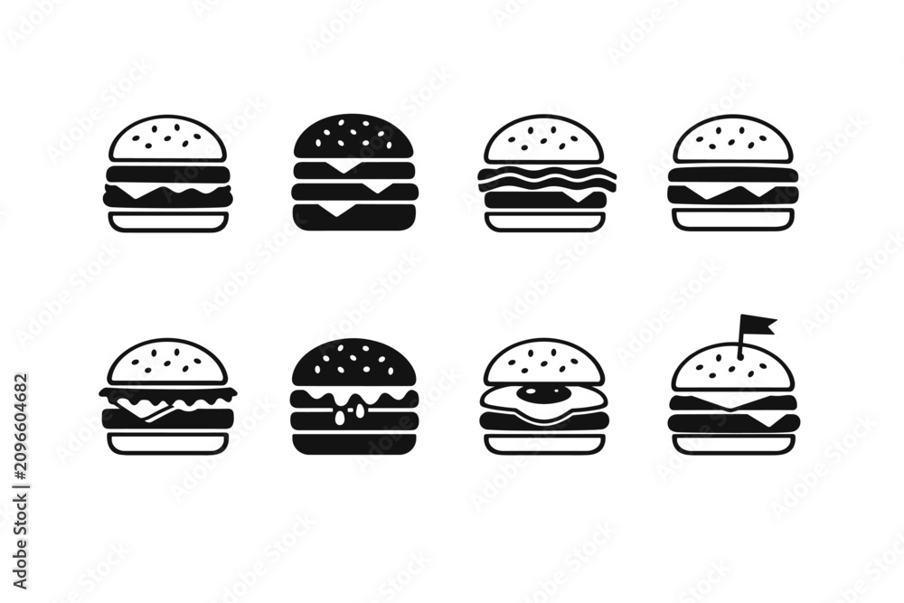 Fototapeta premium Collection of eight distinct black hamburger icons on a white background