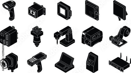 Industrial Identification and Traceability Device Silhouette Bundle for Factory Automation Vector Set