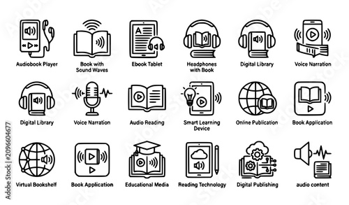 Foto Audiobook vector icon set featuring ebook digital library audio reading and edit