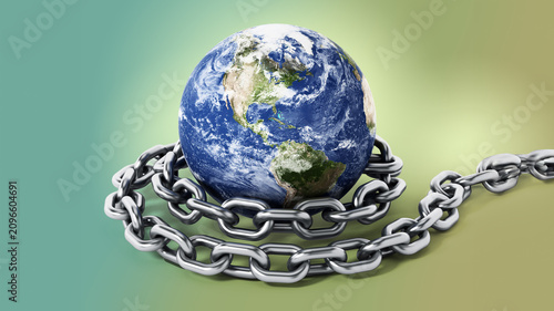 Fotografie Earth tied with steel chain. 3D illustration