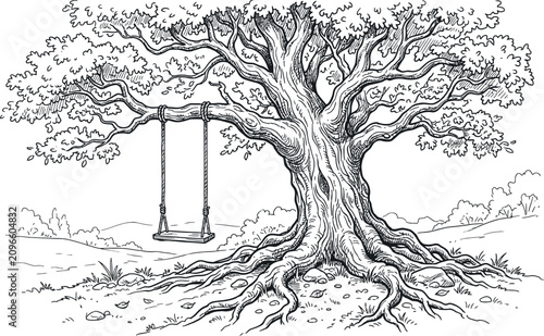 Vintage Tree Sketch Art Set Featuring Wooden Tree-Swing Vector Elements