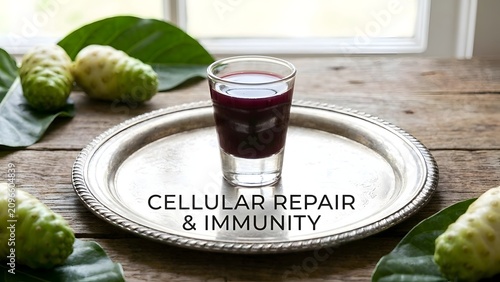 Glass of deep purple noni juice served on a polished silver tray surrounded by whole tropical noni fruits and green leaves on a weathered wooden table in soft natural light.
