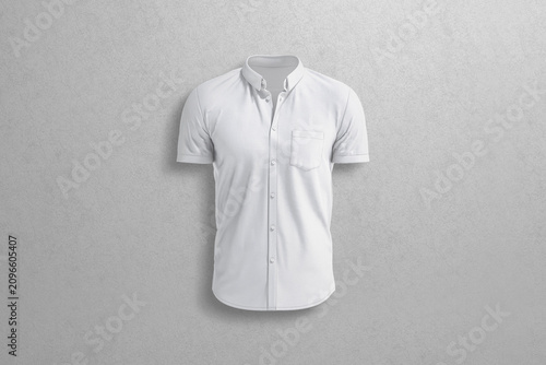 Blank white men short sleeve shirt mockup, grey textured background, 3d rendering. Empty casual fabric polo-shirt mock up, front view. Clear dress code or uniform male clothing template.