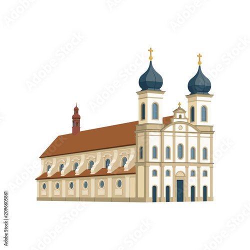 Εκτύπωση καμβά Baroque church with onion domes and ornate facade, flat vector illustration