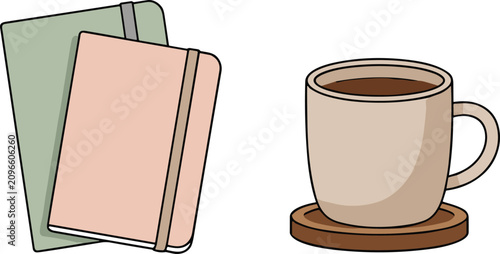 Reading and workspace essentials icon collection featuring notebooks, journal planners, coffee cup, and productivity accessories for study, writing, and office design