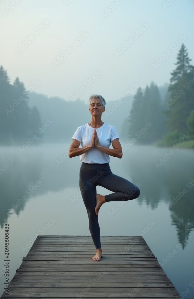 Fototapeta premium Mature woman performs tree yoga pose on wooden pier at foggy lake shore. Fit senior female practices balance, mindfulness exercise in morning nature. Calm lady wears sportswear meditating near forest