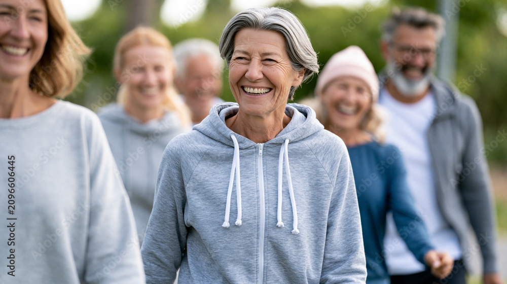 Fototapeta premium Faceless group of people walking for fitness outdoor in mobility training discussion and morning routine with senior community and coach laughing for exercise and cardio workout