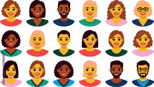 Foto Diverse People Avatar Face Flat Vector Illustration Set, Multicultural Men and W