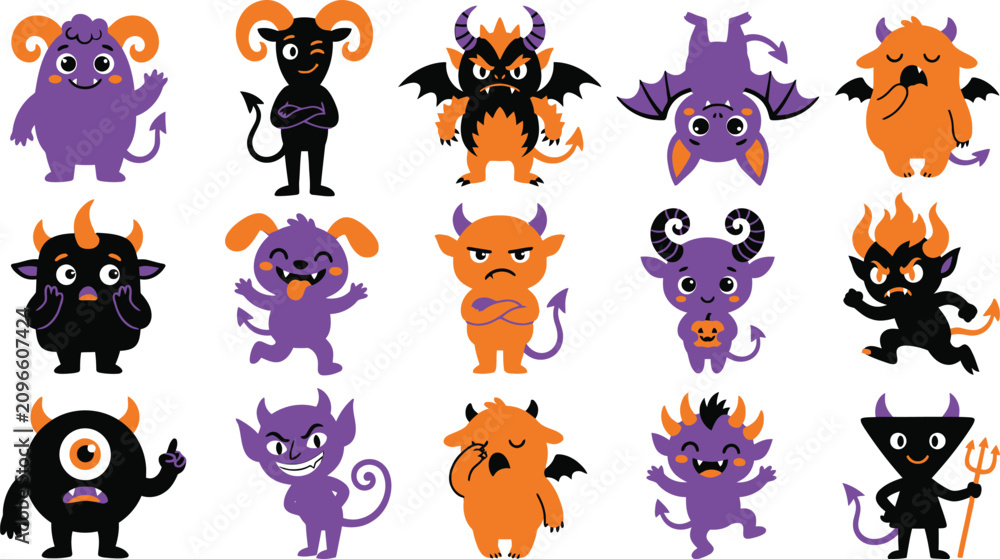 Obraz premium Cute halloween monsters demons vector illustration set