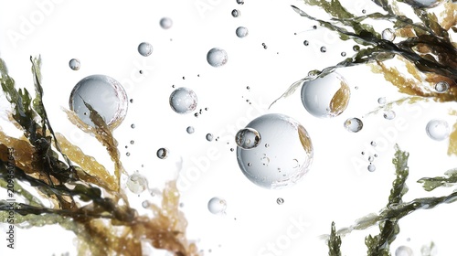 Clear bubbles float beside seaweed strands