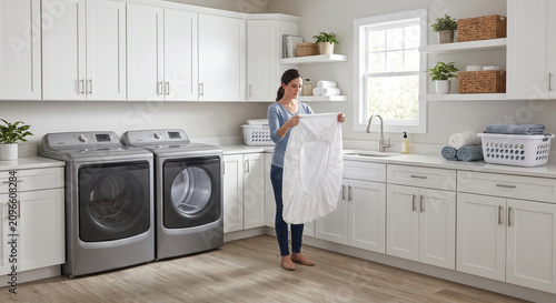 Woman Folding Fitted Sheet in Modern White Laundry Room