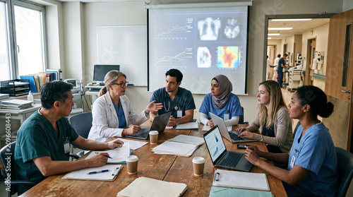 Diverse medical team collaborates in a hospital meeting room discussing patient data on screens