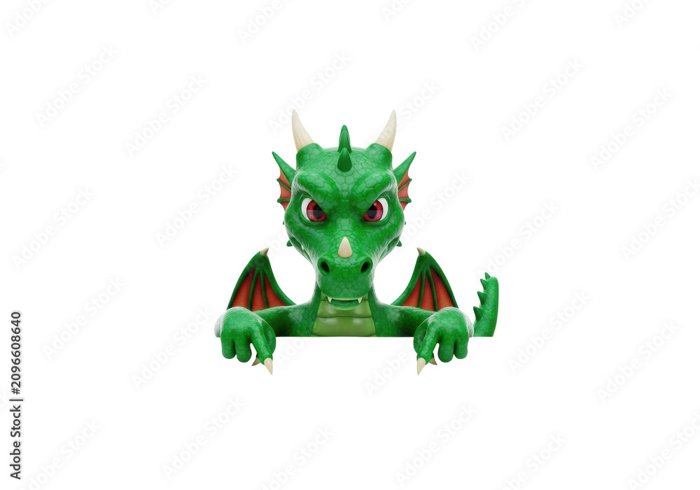 Fototapeta premium Highly detailed, whimsical 3d emerald green dragon mascot pointing down at a transparent stage with copy space, minimal shadows, concept for highlighting crucial data
