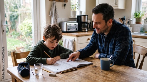 Father patiently helps his young son with homework at a wooden table in a bright kitchen