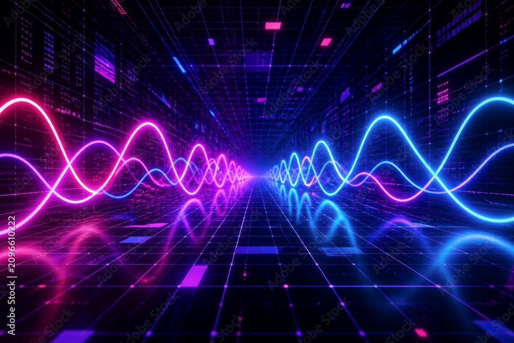Fototapeta premium Neon waveform lines propagating through digital grid
