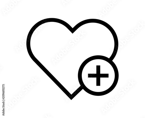 Black heart icon with a plus sign symbol for favorite or add to collection web interface button