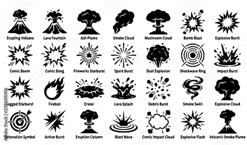 Canvastavla Comic explosion and volcano silhouette vector icon set with eruptions bomb blast